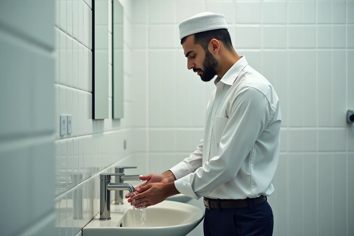 Homme effectuant les ablutions avant la prière dans un espace dédié, pratique de l'islam pour nouveaux pratiquants