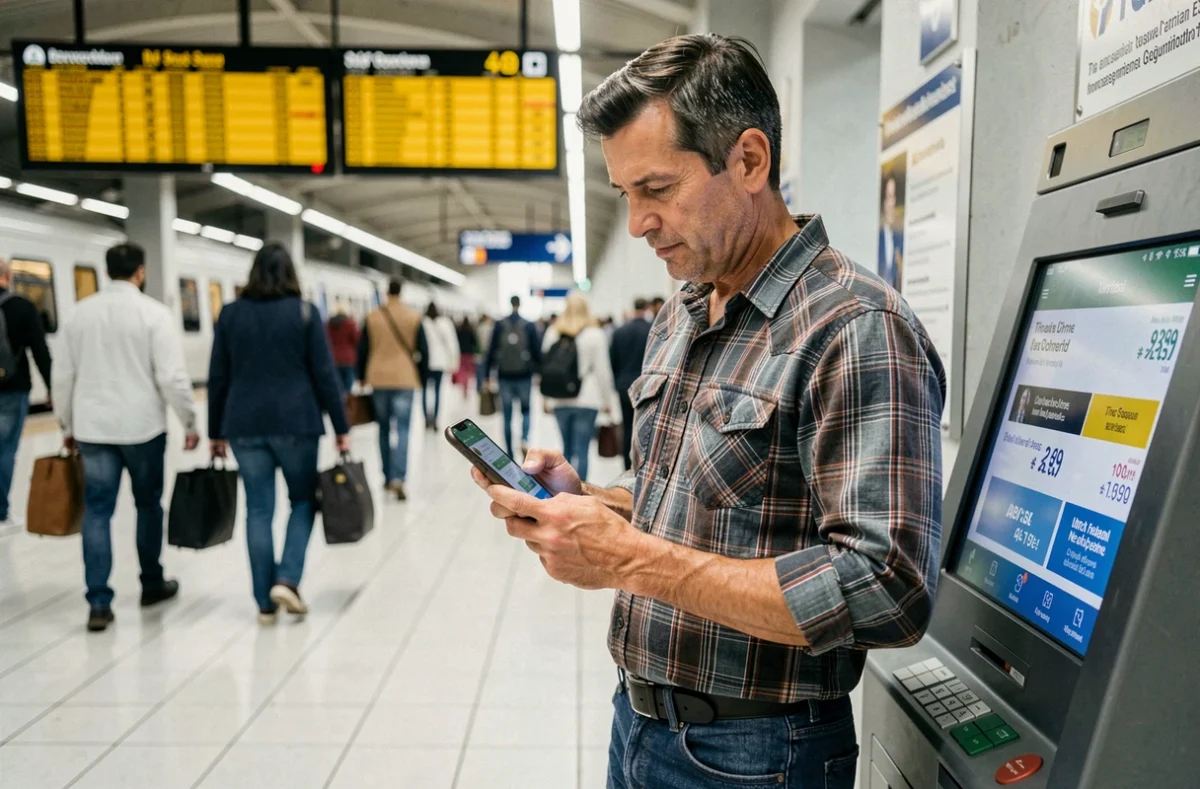 Homme achetant un billet de train à prix réduit pour le week-end de Pentecôte 2026 dans une gare
