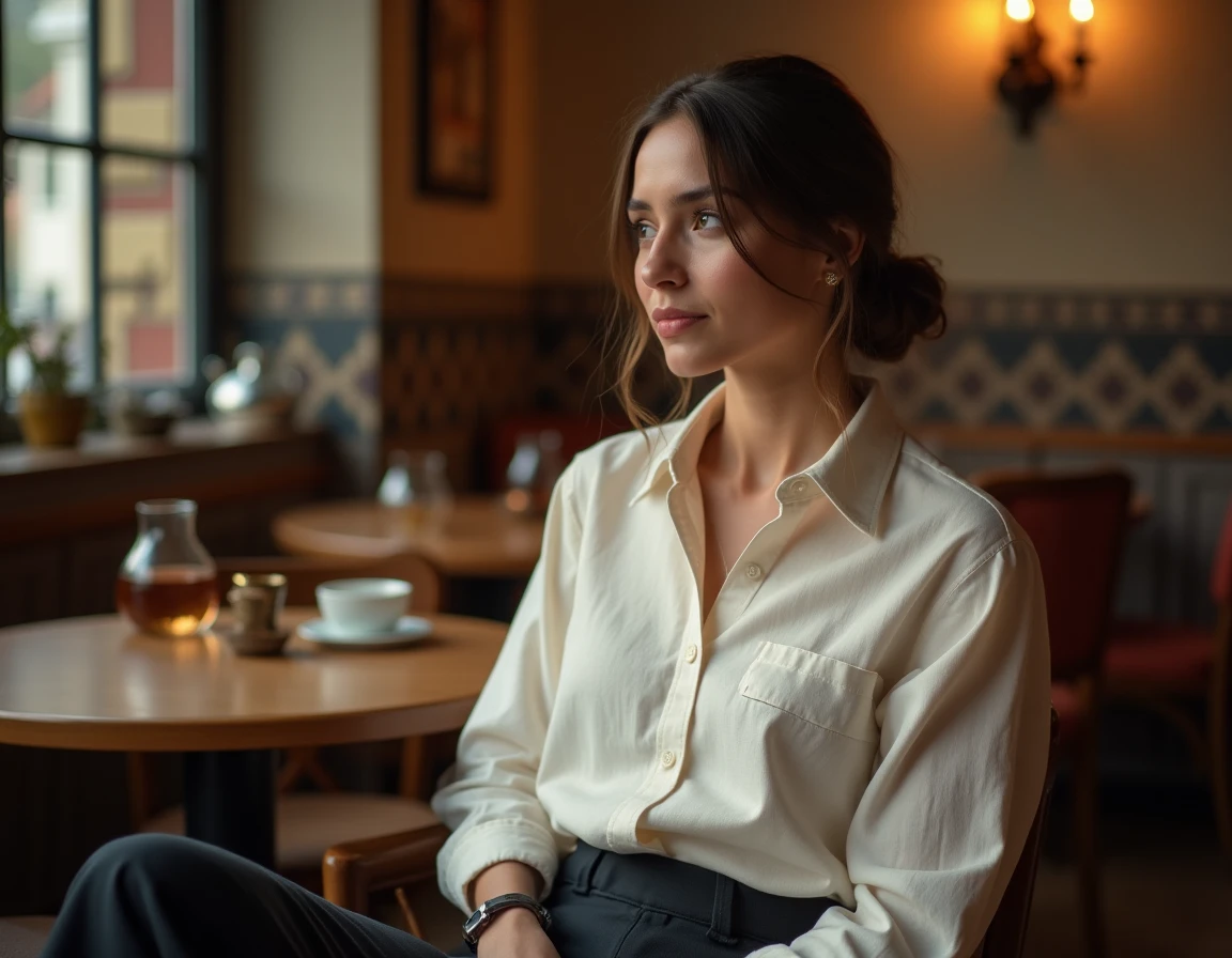Actrice turque dans un café traditionnel d'Istanbul dans une atmosphère intime et authentique