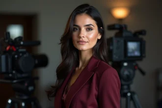 Actrice turque élégante en blazer bordeaux dans les coulisses d'un plateau de tournage à Istanbul