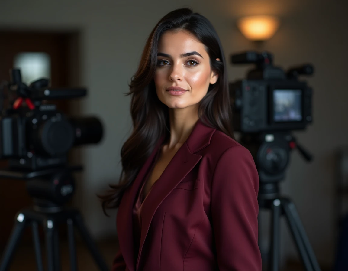 Actrice turque élégante en blazer bordeaux dans les coulisses d'un plateau de tournage à Istanbul