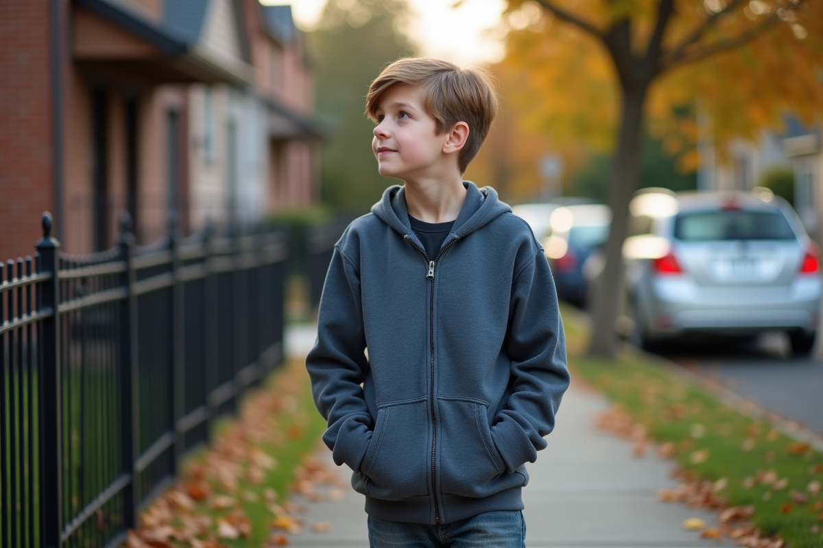 Adolescent debout devant une maison dans une rue résidentielle
