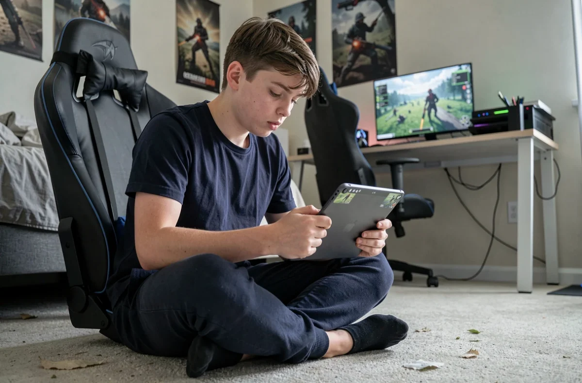 Adolescent absorbé par un jeu de guerre tactique sur tablette dans sa chambre gaming