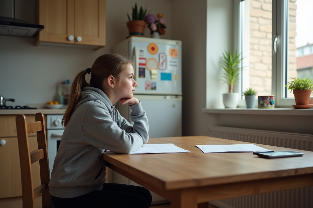 Adolescente pensant à ses devoirs dans une cuisine chaleureuse