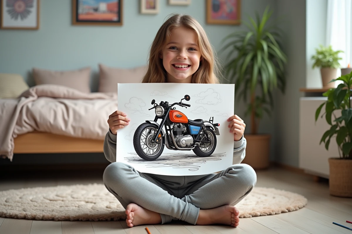 Adolescente fiere montrant un poster de moto colorie dans sa chambre