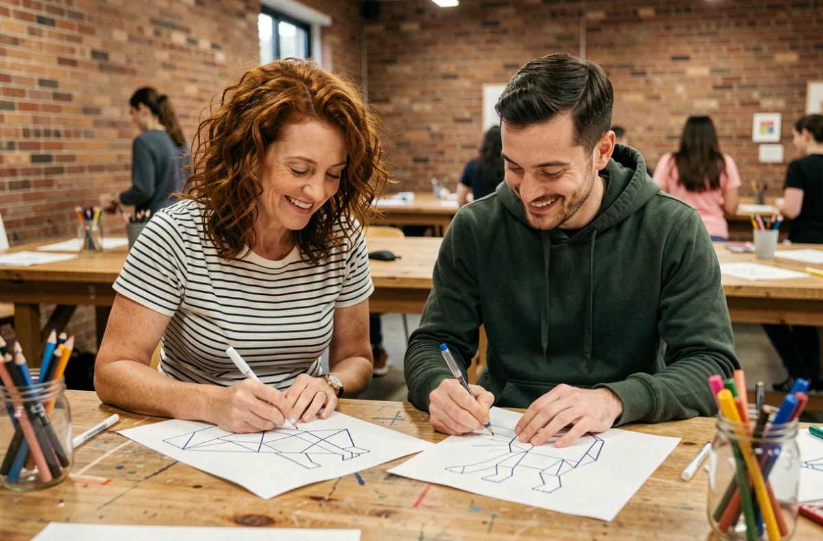 Deux adultes riant en apprenant à dessiner des dinosaures avec des formes géométriques simples dans un atelier d'art communautaire
