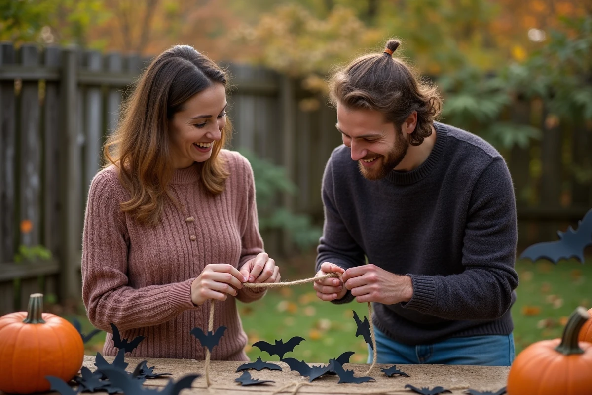 Deux adultes accrochant une guirlande de chauves-souris Halloween dans le jardin