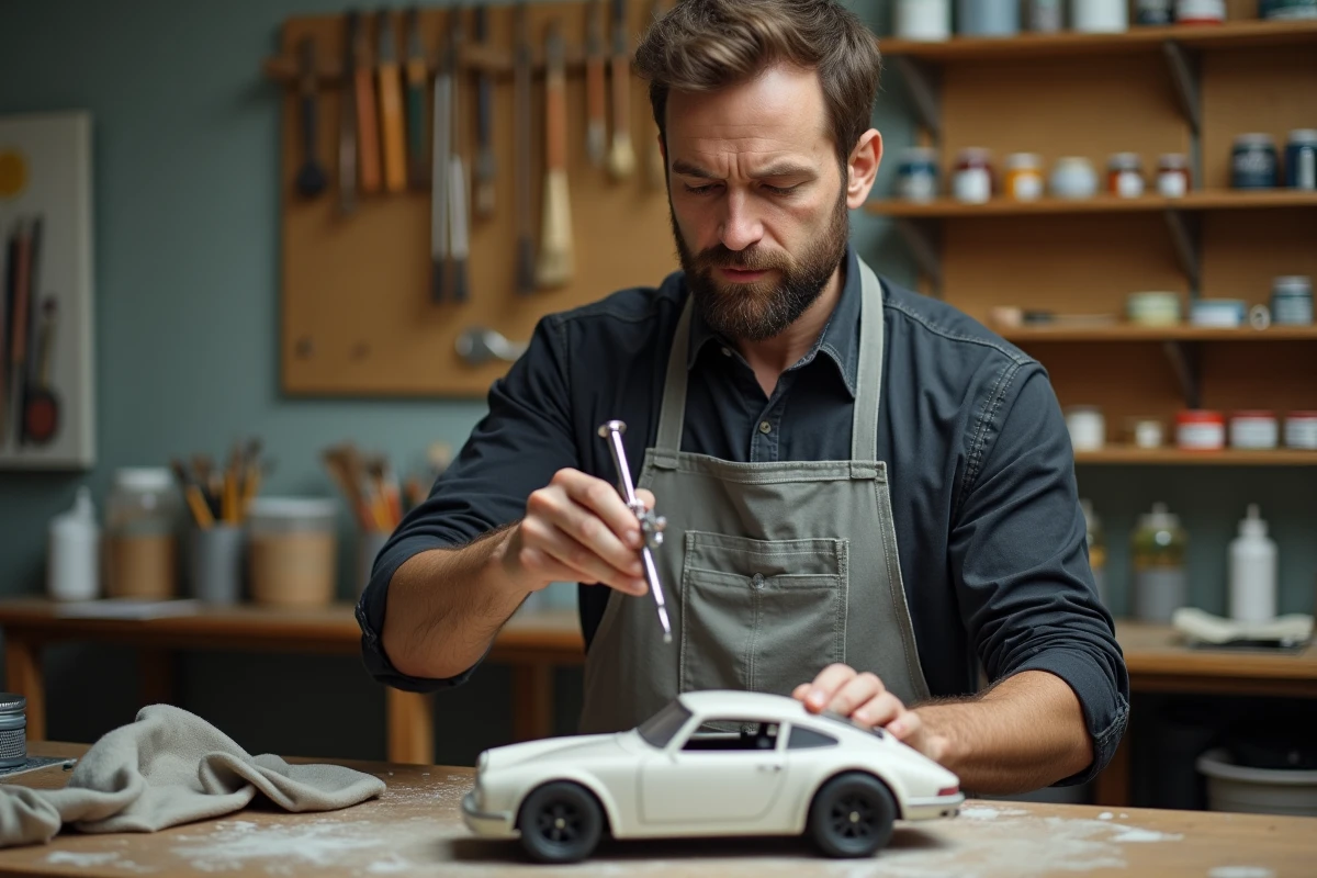Artiste masculin utilisant un aérographe pour peindre une maquette de voiture dans un atelier d'artiste organisé