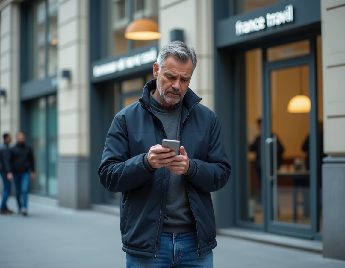 Homme consultant son téléphone devant une agence France Travail pour vérifier ses allocations après déménagement