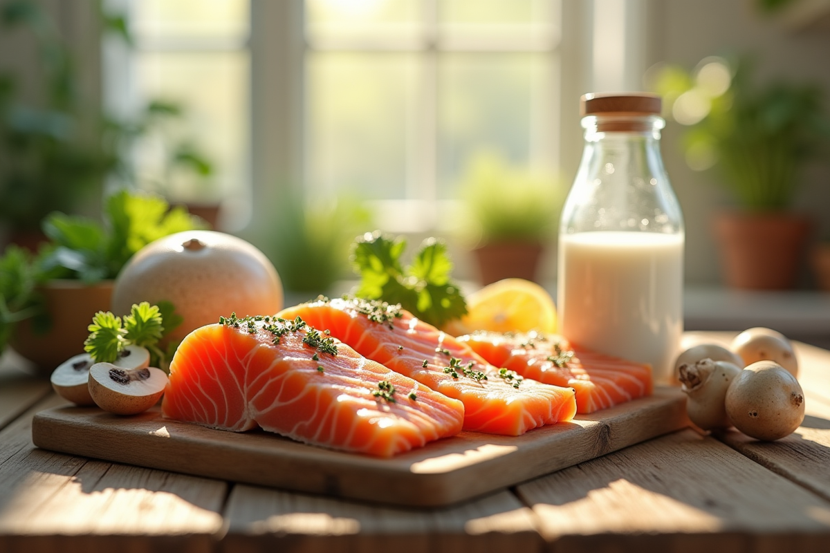 Variété d'aliments riches en vitamines sur une table en bois