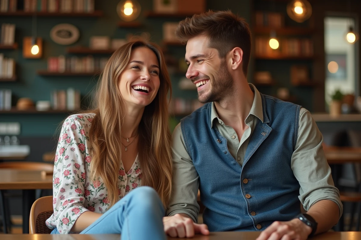 Deux amis rient dans un café chaleureux et cosy