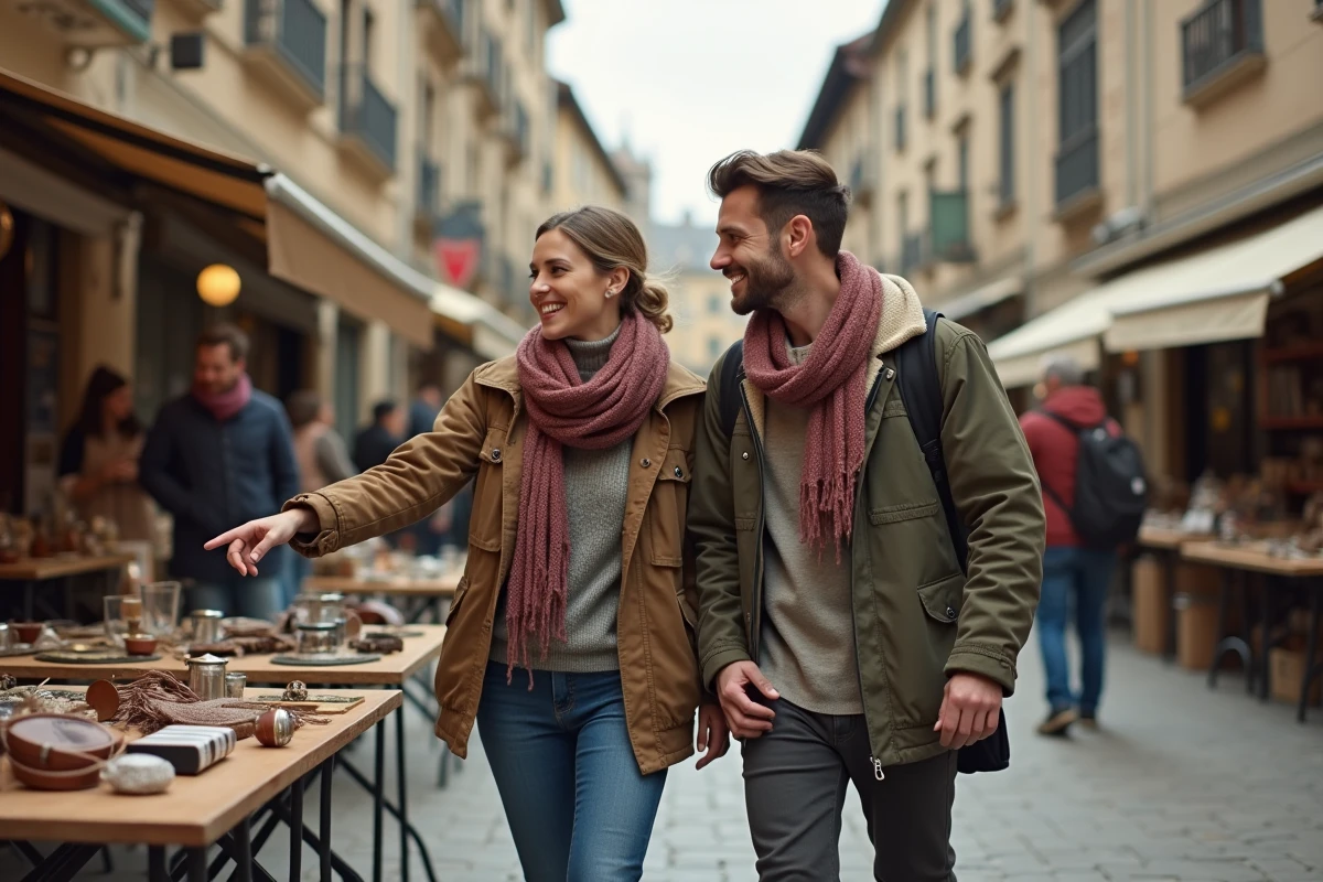 Amis découvrant des objets vintage au marché