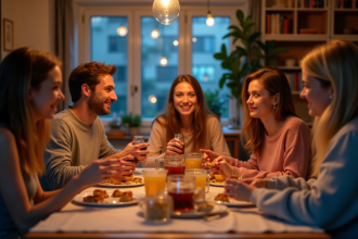 Groupe d'amis autour d'un repas convivial à la maison