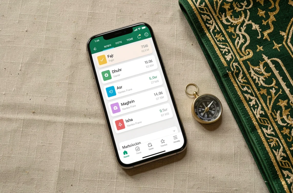 Application des heures de prière islamique sur smartphone à côté d'un tapis de prière vert et or à Nantes
