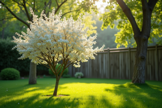 Arbre blanc en fleurs dans un jardin ensoleille