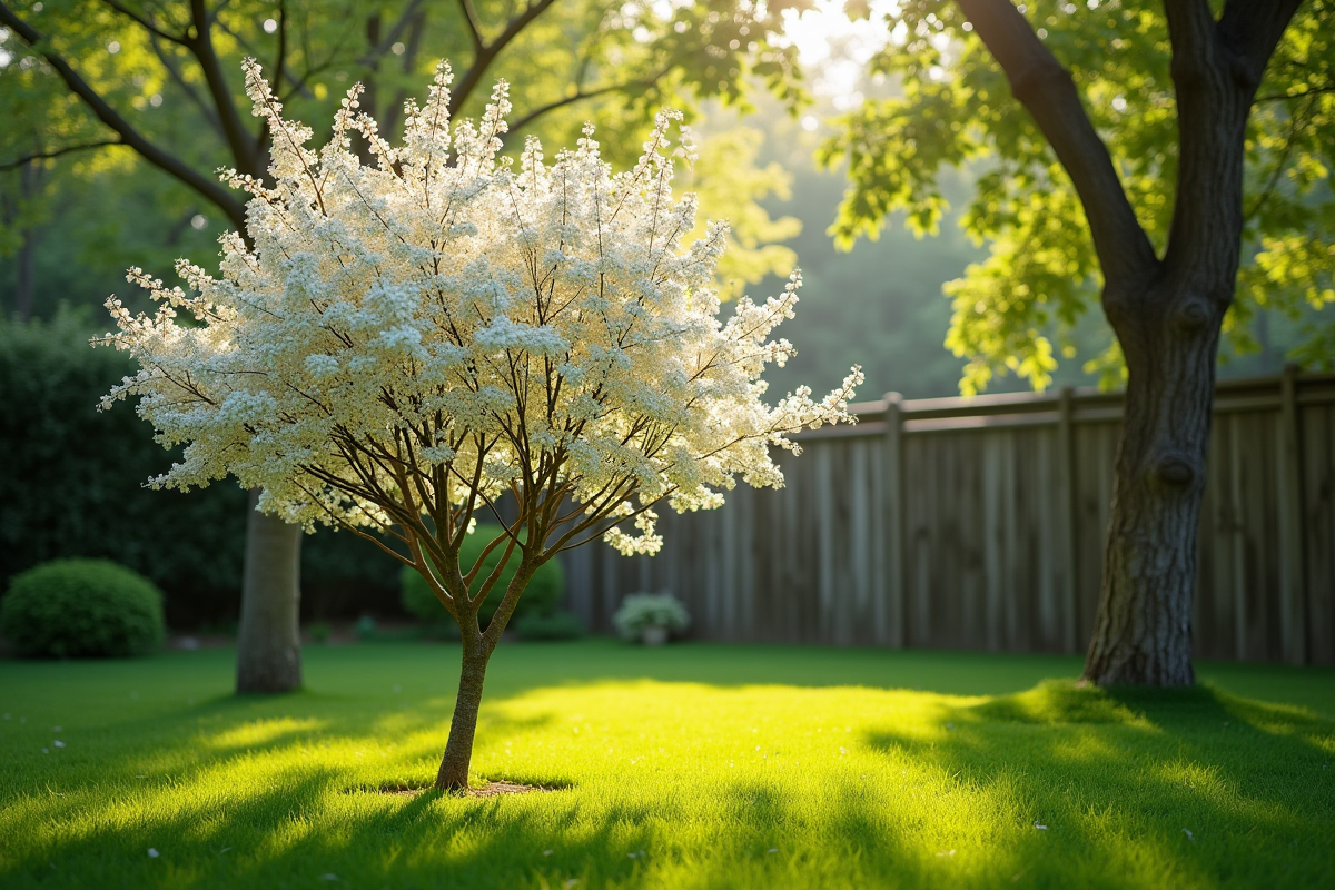 Arbre blanc en fleurs dans un jardin ensoleille