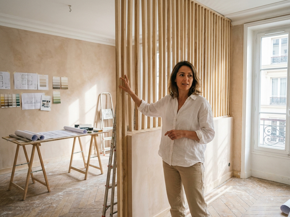Architecte d'intérieur installant une cloison en lattes de bois frêne dans un appartement parisien en rénovation, inspirée des séparations d'ateliers d'artistes