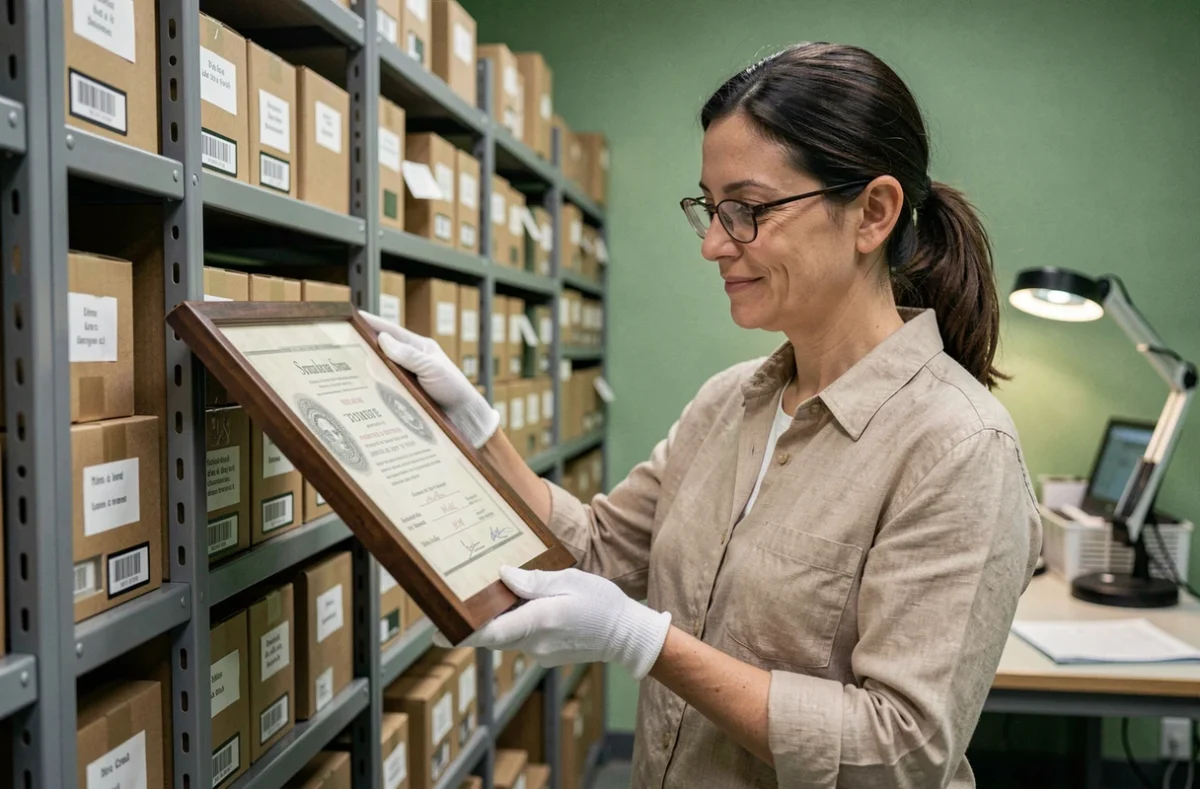 Archiviste française tenant un certificat de naissance vintage avec des gants blancs dans une salle d'archives institutionnelle, symbolisant la vérification d'actes historiques