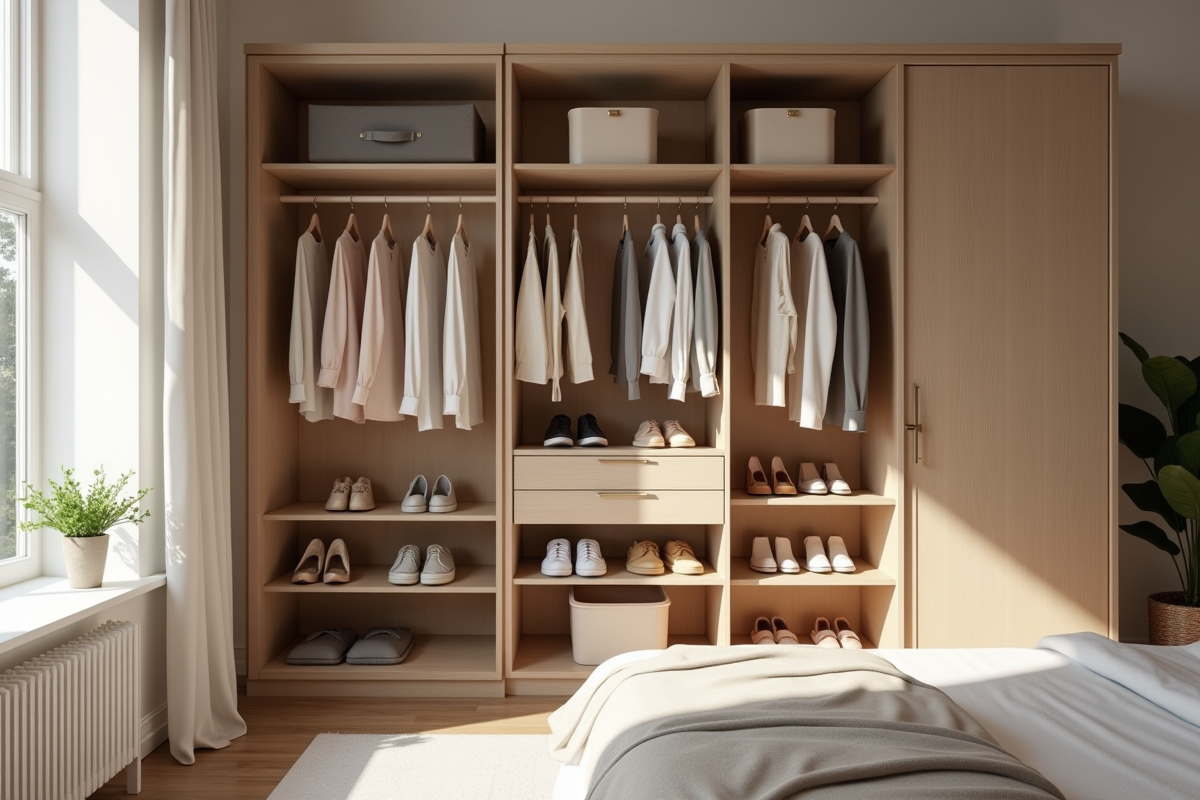 Armoire ouverte dans une chambre lumineuse avec vêtements et accessoires