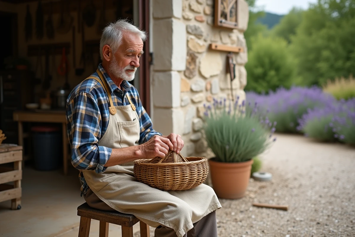 Artisan local de Bésigny réalisant une vannerie traditionnelle devant son atelier en pierre
