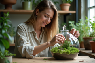 Femme assemble un terrarium vert dans un atelier parisien