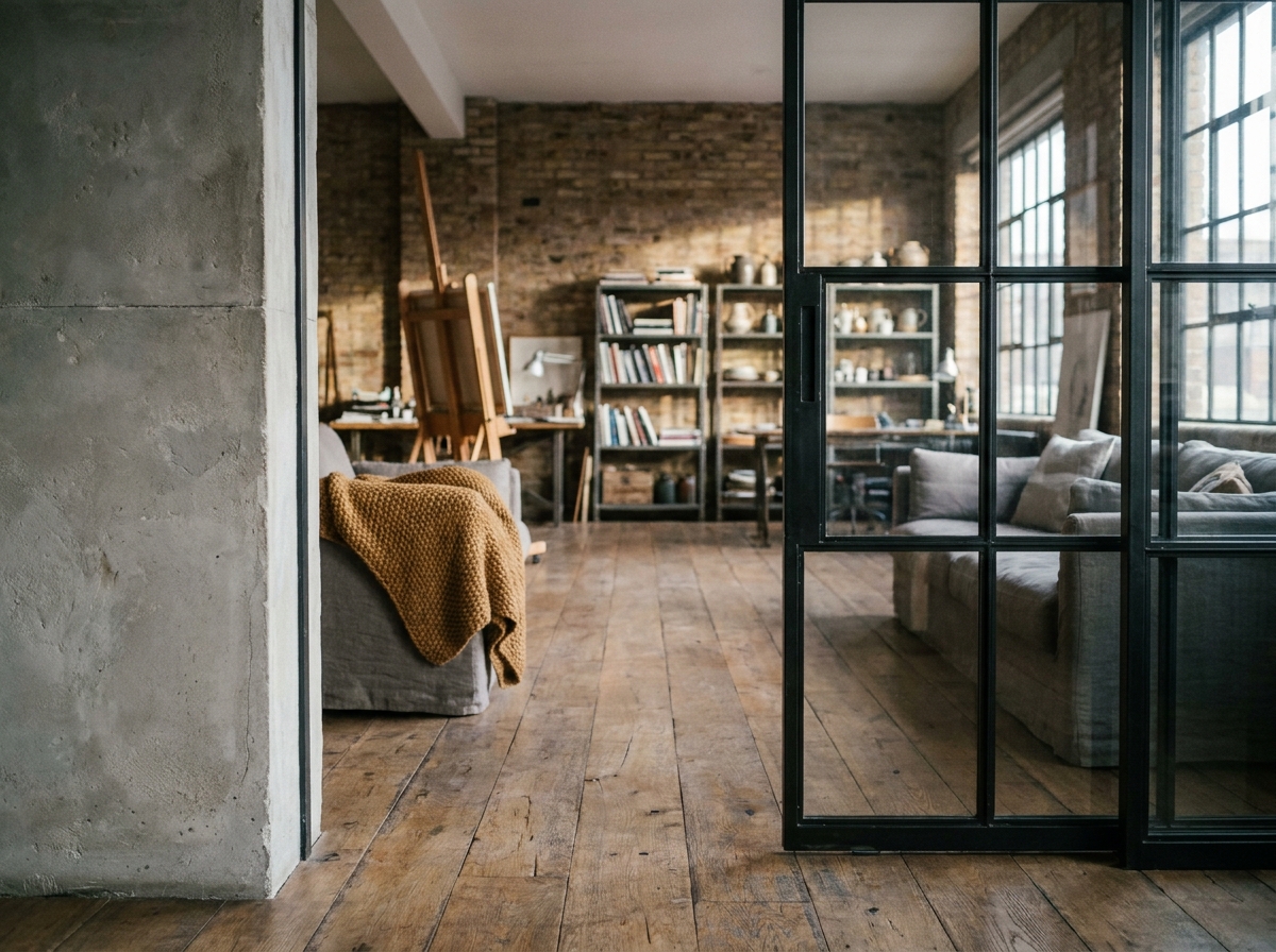 Atelier d'artiste converti en loft avec cloison vitrée coulissante en acier noir séparant espace de travail et salon, sol en chêne brut et mur en béton