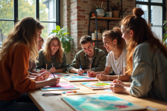 Groupe de jeunes adultes peignant dans un atelier parisien