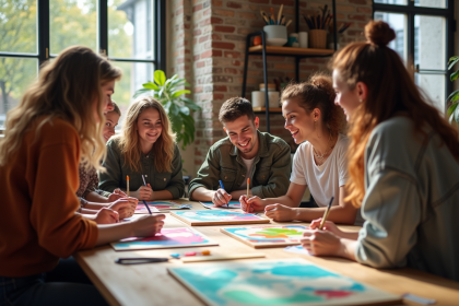 Groupe de jeunes adultes peignant dans un atelier parisien