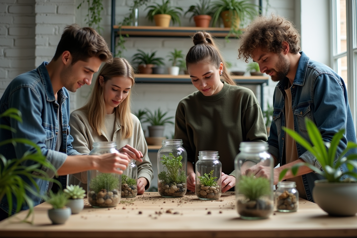 Groupe de quatre personnes créant des terrariums dans un studio
