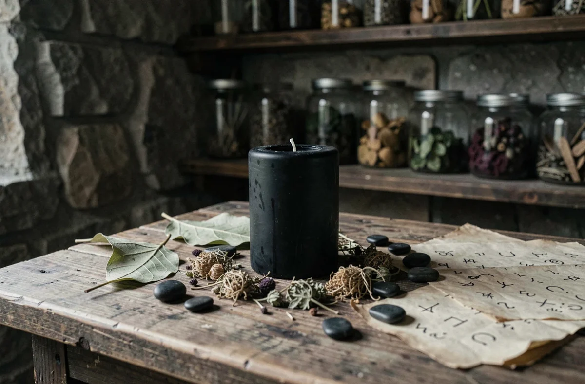 Bougie noire sur un autel en bois rustique entourée de pierres d'obsidienne et d'herbes séchées pour un rituel karmique