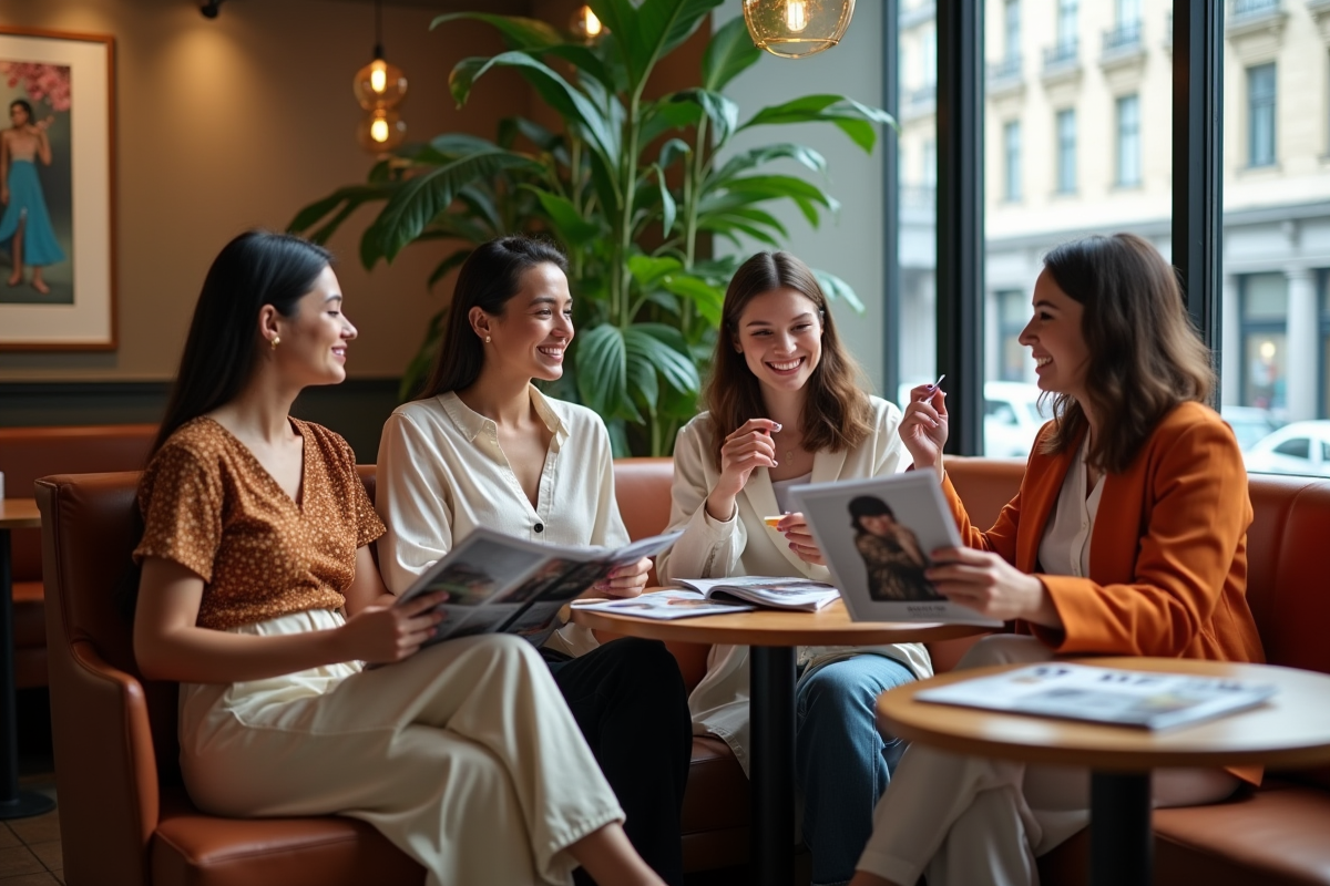 Groupe de jeunes adultes fashion dans un café cosmopolite