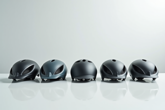 Cinq casques de course modernes sur une table blanche