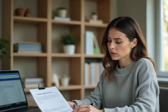 Femme remplissant un formulaire de changement d'adresse France Travail à son bureau à domicile