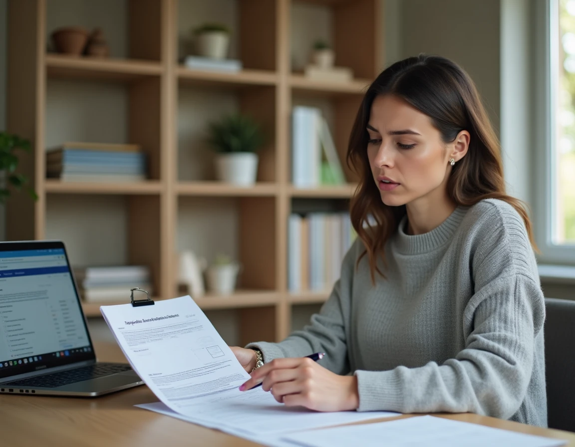 Femme remplissant un formulaire de changement d'adresse France Travail à son bureau à domicile