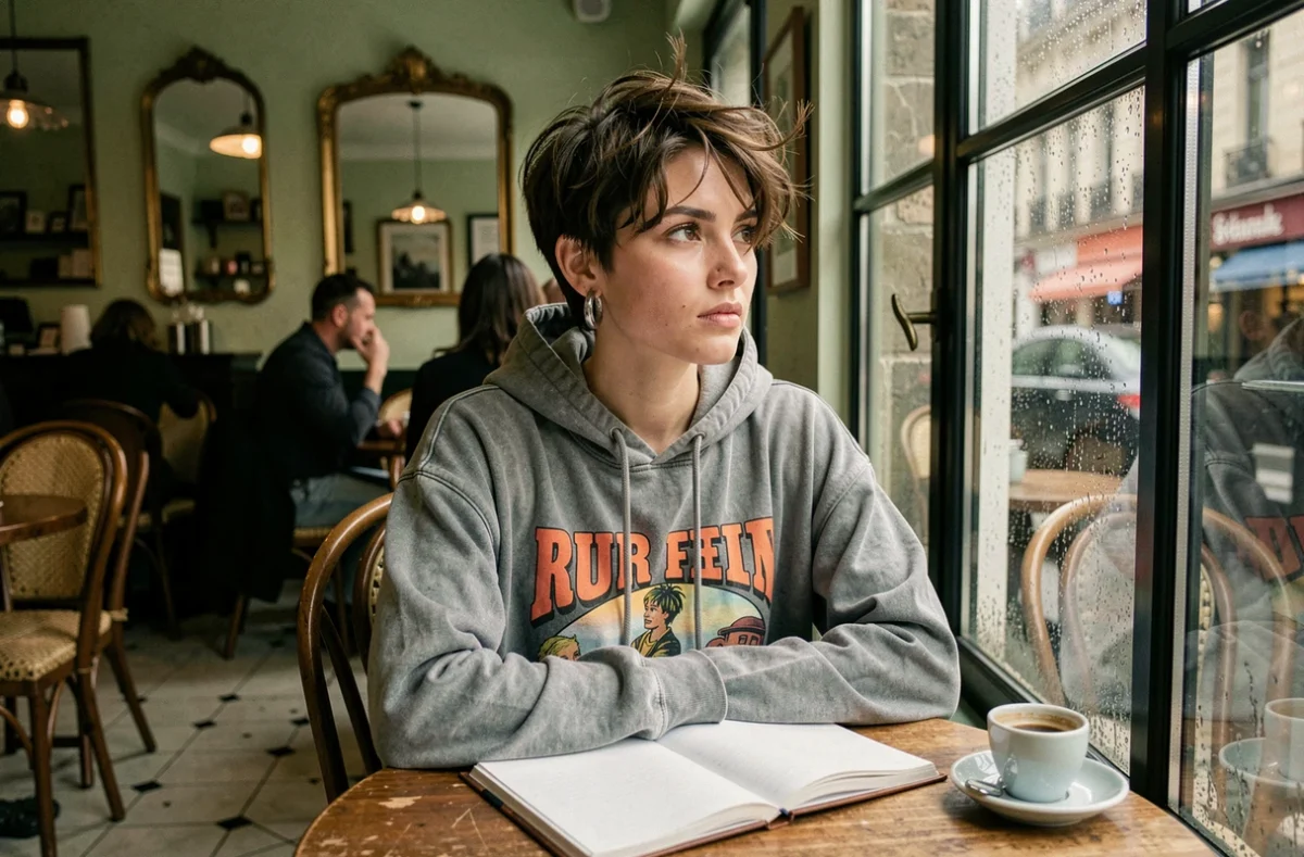 Chanteuse de groupe indie pop assise seule dans un café parisien, regard perdu vers la fenêtre sous la pluie avec un carnet ouvert