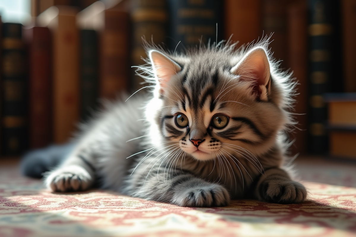 Chaton angora gris reposant sur un tapis ancien dans un bureau lumineux