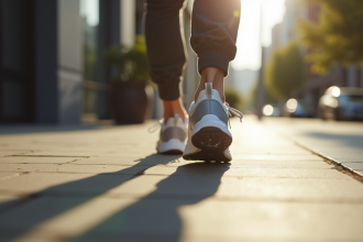 Pieds en chaussures de sport marchant sur le trottoir ensoleille