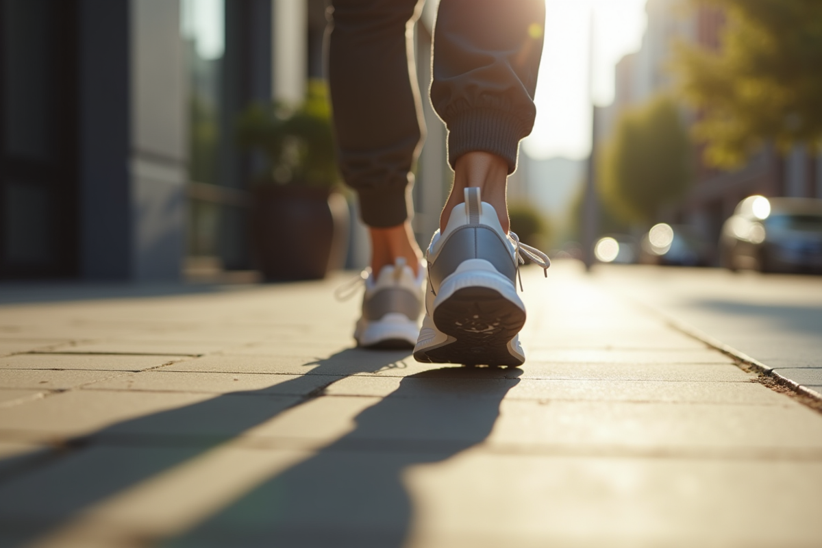 Pieds en chaussures de sport marchant sur le trottoir ensoleille