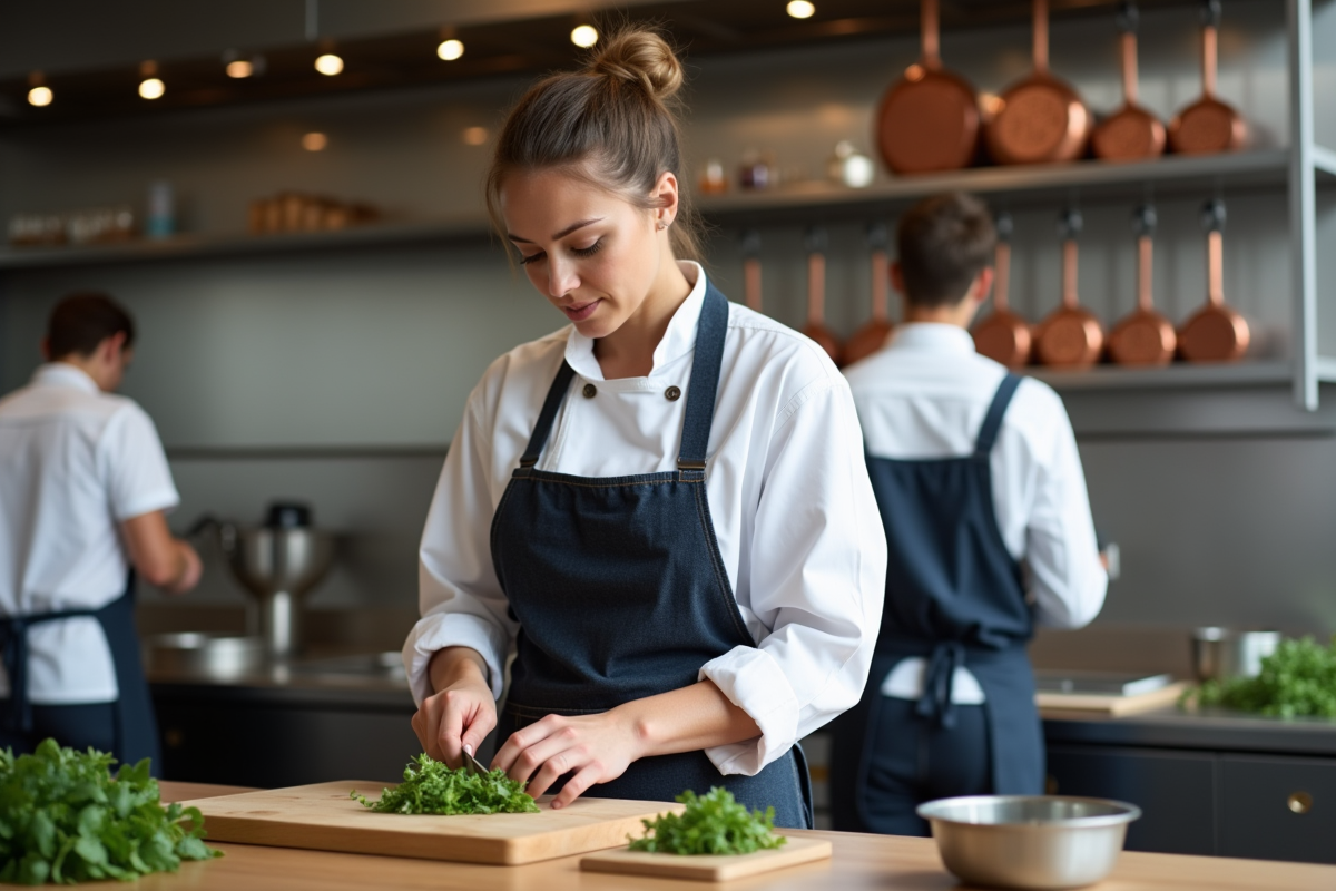 Jeune femme en cuisine parisienne en train de hacher des herbes