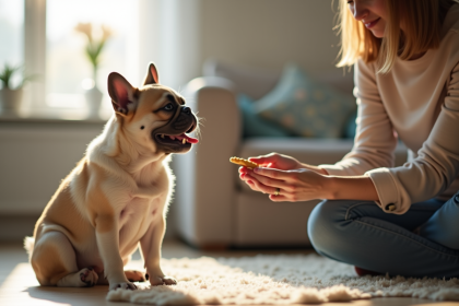 Bouledogue francais assis avec une femme dans un salon