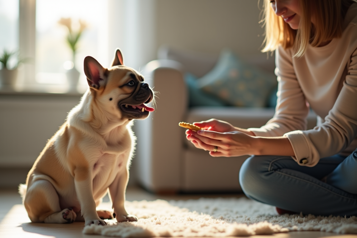 Bouledogue francais assis avec une femme dans un salon