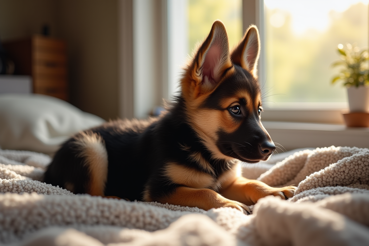 Chiot berger allemand dans la maison sur une couverture