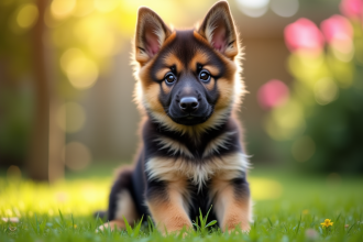 Chiot berger allemand assis dans le jardin ensoleille
