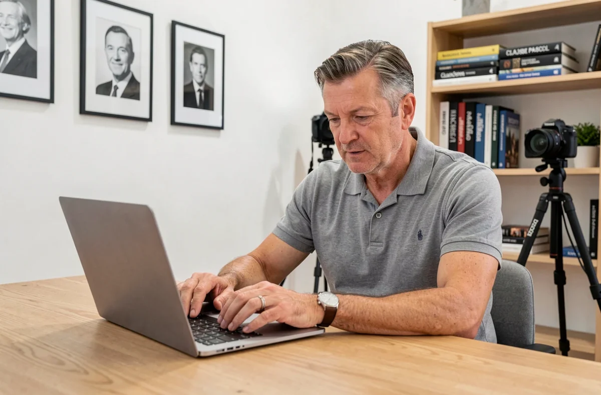 Photographe professionnel chevronné travaillant sur ses images dans un studio organisé, représentant le savoir-faire et la rigueur de Clausse Pascal en Moselle