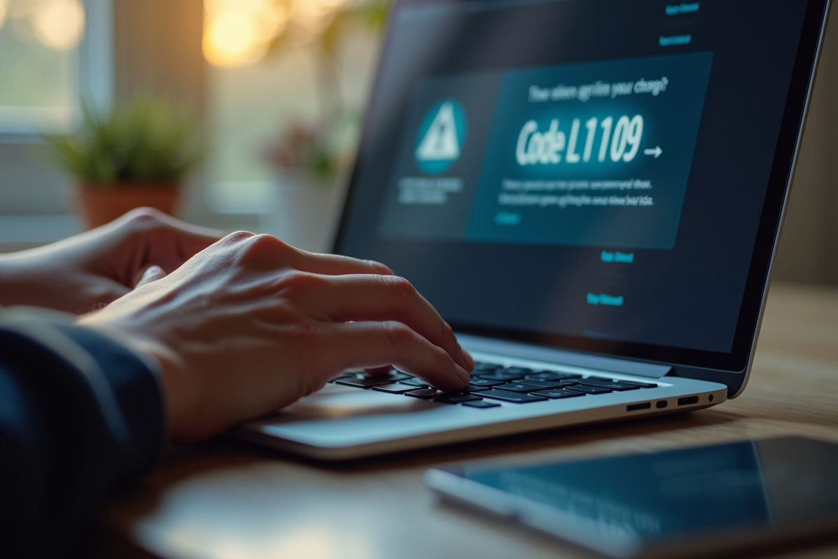Mains sur clavier avec erreur L1109 visible en gros plan