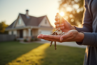 Personne tenant des clés et un document immobilier devant une maison