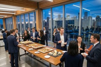 Cocktail d'entreprise élégant avec des invités en tenue professionnelle autour d'une table de canapés et de flûtes de champagne dans un bureau moderne avec vue sur la ville