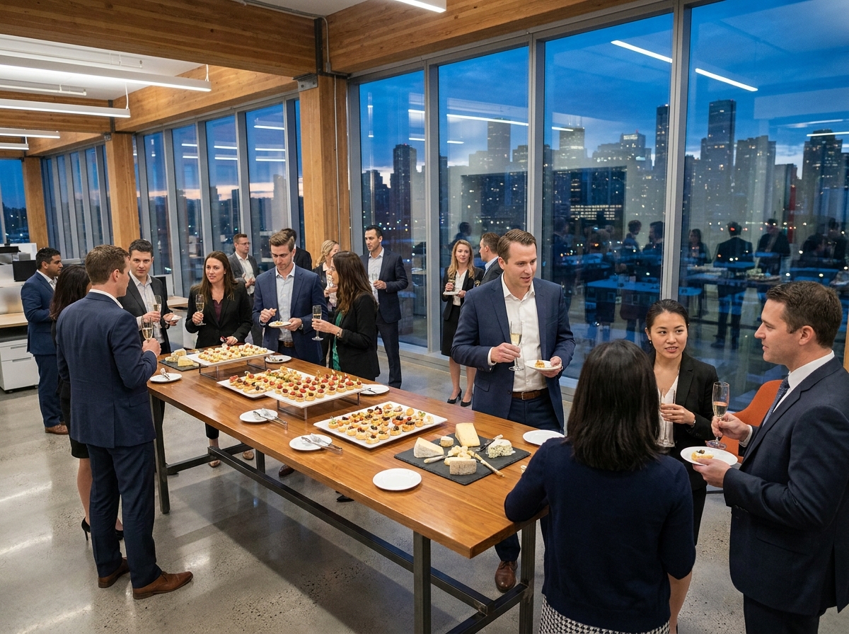 Cocktail d'entreprise élégant avec des invités en tenue professionnelle autour d'une table de canapés et de flûtes de champagne dans un bureau moderne avec vue sur la ville