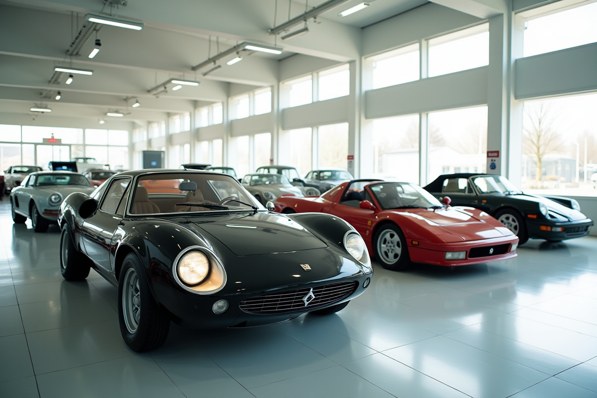 Collection de voitures françaises rares dans un showroom lumineux