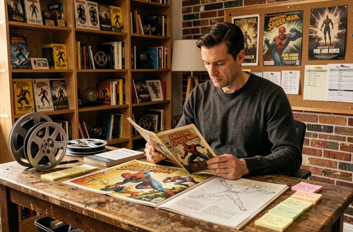 Collectionneur examinant des documents de production et comics Amazing Spider-Man sur un bureau vintage évoquant la chronologie complexe du film maudit